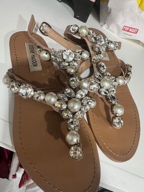 Steve Madden Blush T-Strap Sandals with Pearl & Crystal Accents